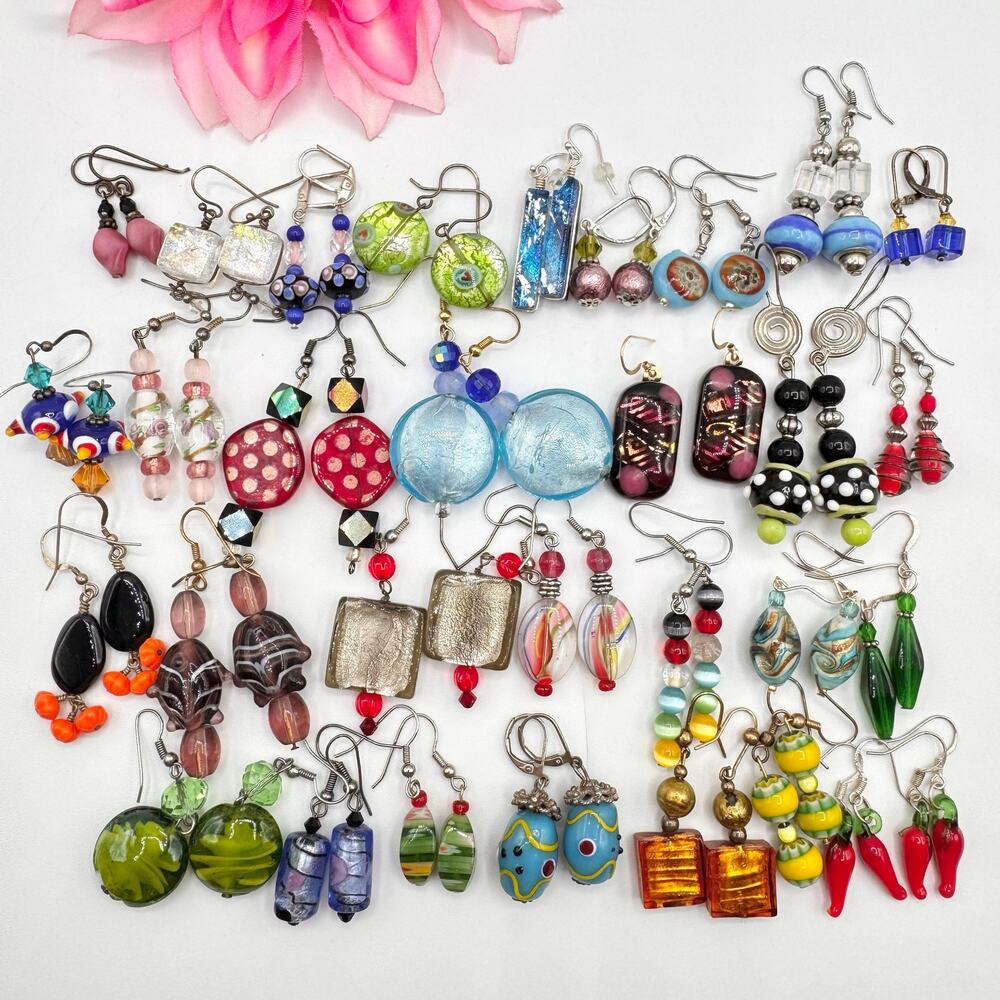 Large Mixed Art Glass Earring Lot Lampwork Dichroic Slag Fun Colorful 31 Pair